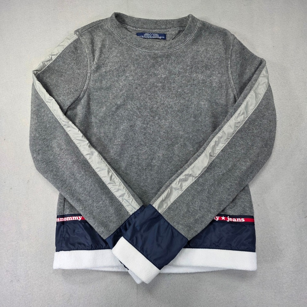 Tommy Jeans Girls Small Gray Fleece Colorblock Logo Tape Crewneck Sweatshirt